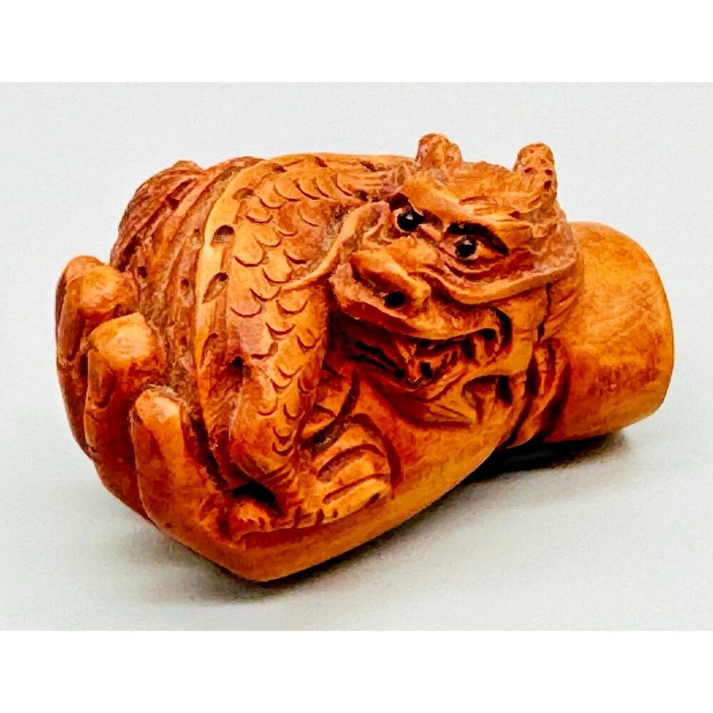 Netsuke‎ Hand Carved Boxwood Dragon Toggle Luck Charm 2 inch Japanese Inro Ojime
